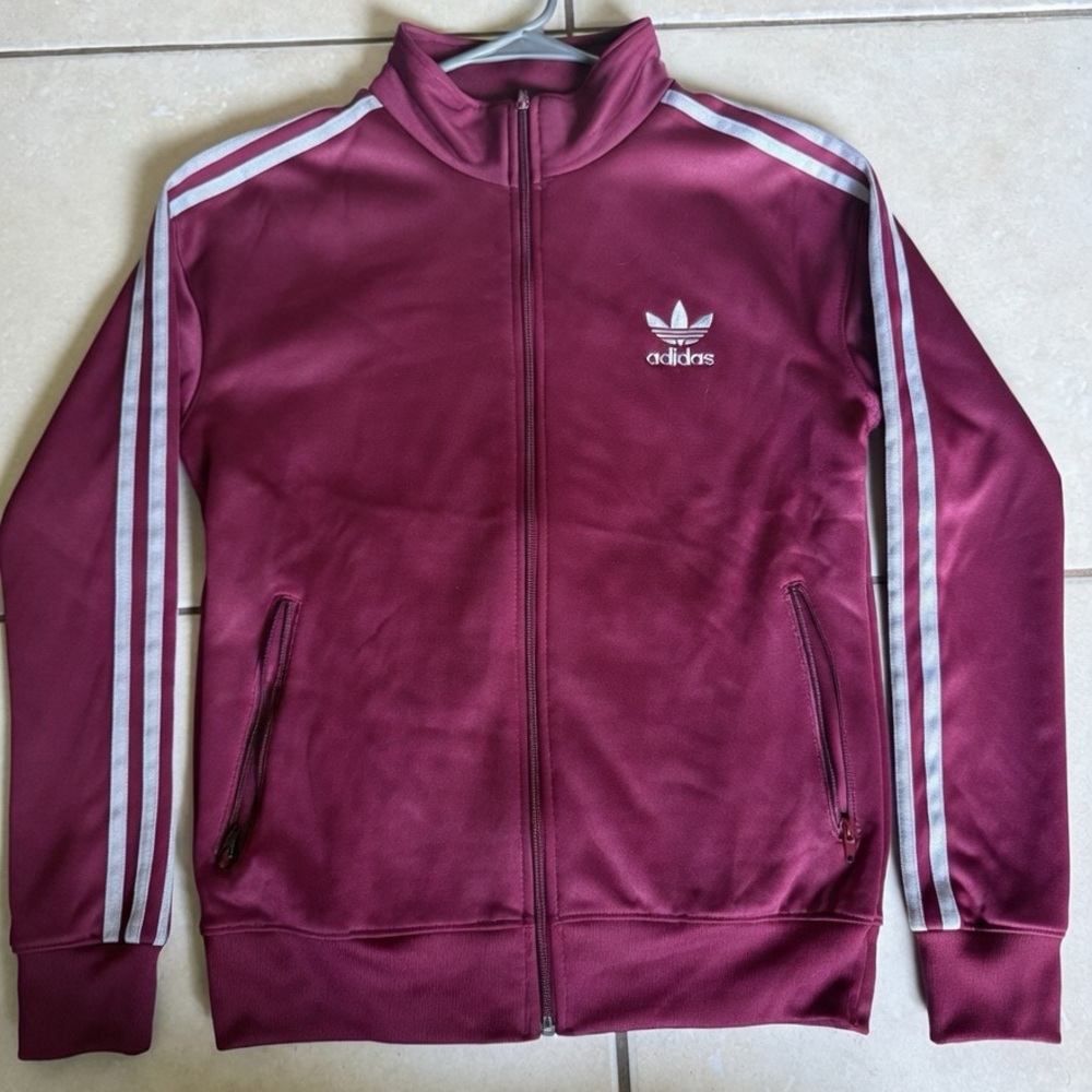 adidas Burgundy Track Jacket with White Stripes